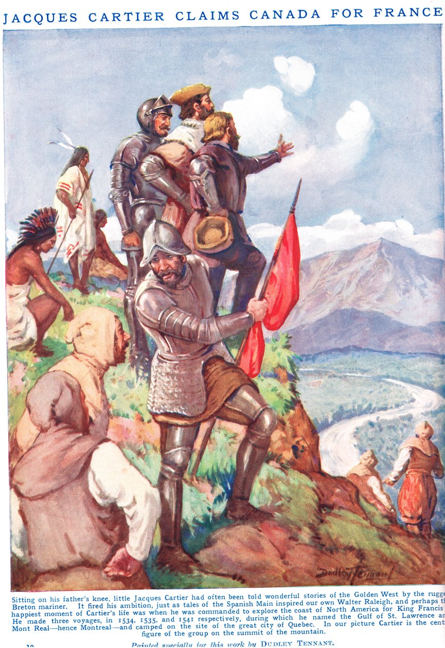 Jacques Cartier rości sobie prawa do Kanady dla Francji, ilustracja z „Obrazkowej Księgi Wiedzy Newne