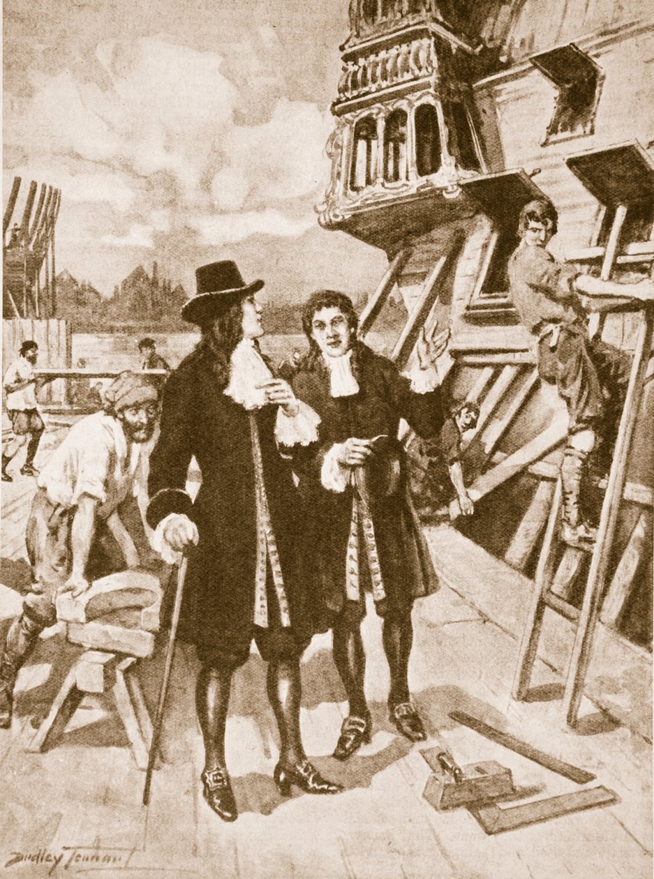 Piotr Wielki w stoczni w Deptford (litografia) autorstwa C. Dudley Tennant