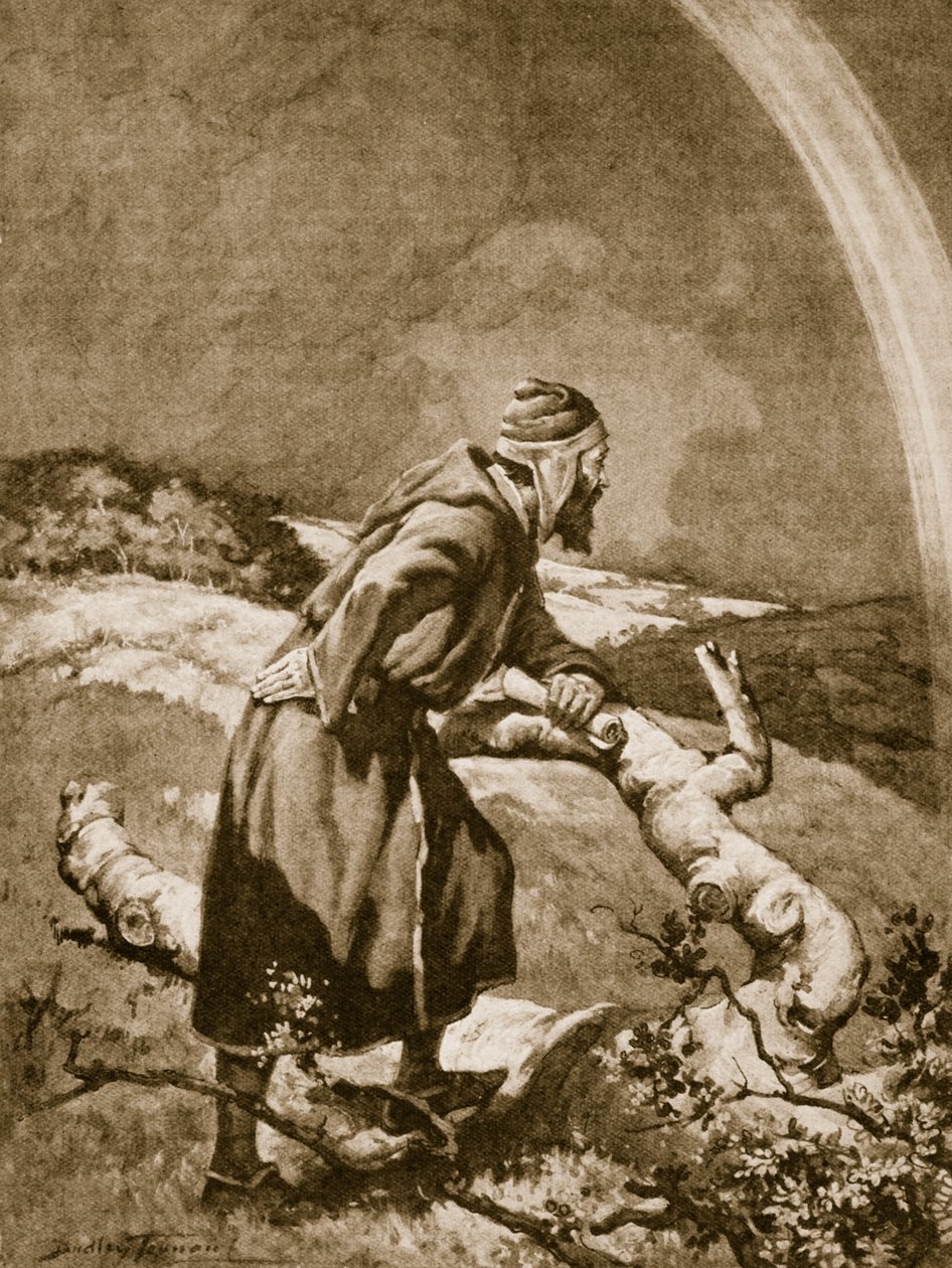 Roger Bacon studiujący tęczę (litografia) autorstwa C. Dudley Tennant