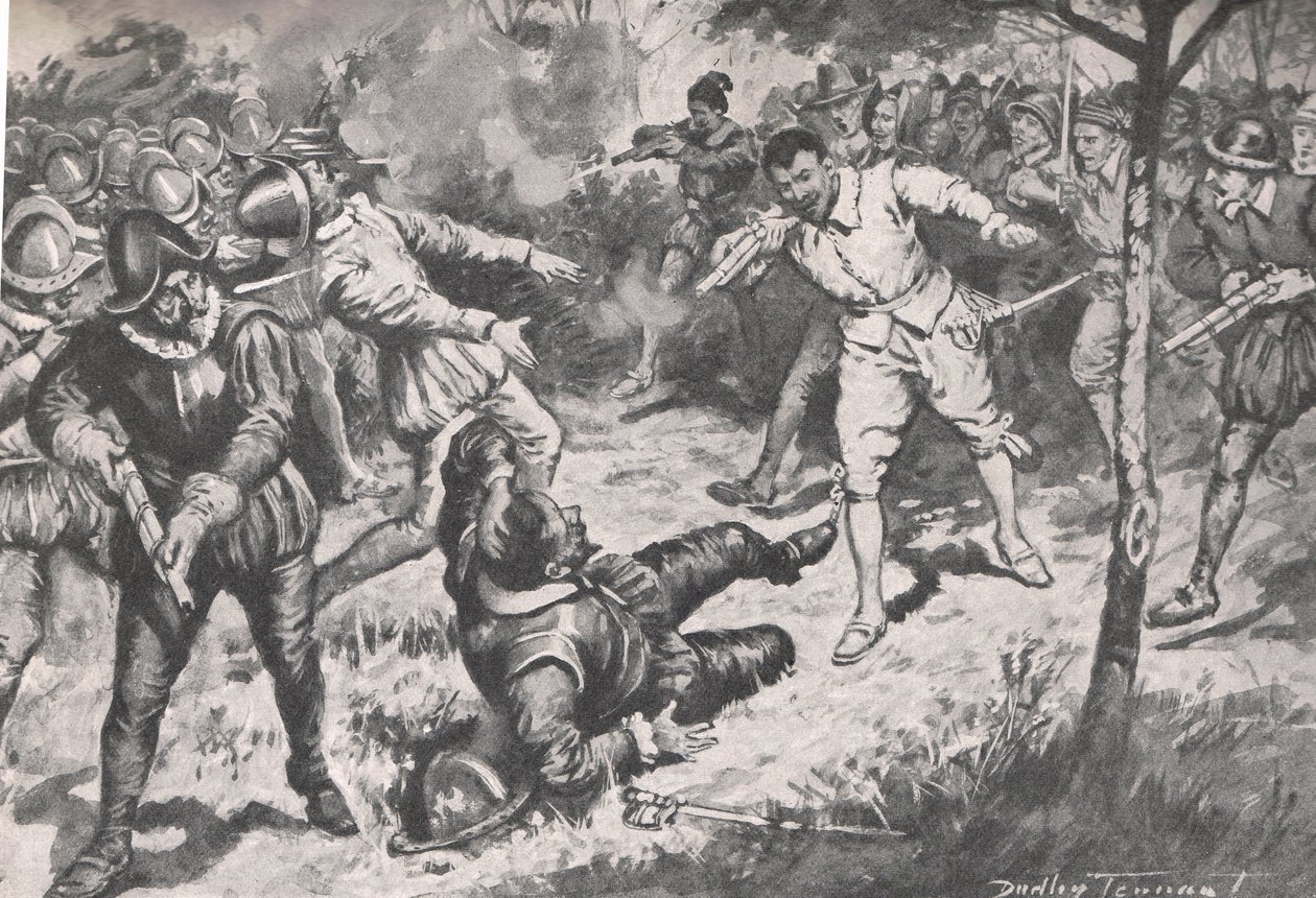 Admirał, a za nim jego drużyna, rzucili się na oślep przed Gwardię Vera Cruz, ilustracja z „British Battles on Land and Sea”, opublikowanej przez Cassell, Londyn, ok. 1910 r. (litografia) autorstwa C. Dudley Tennant