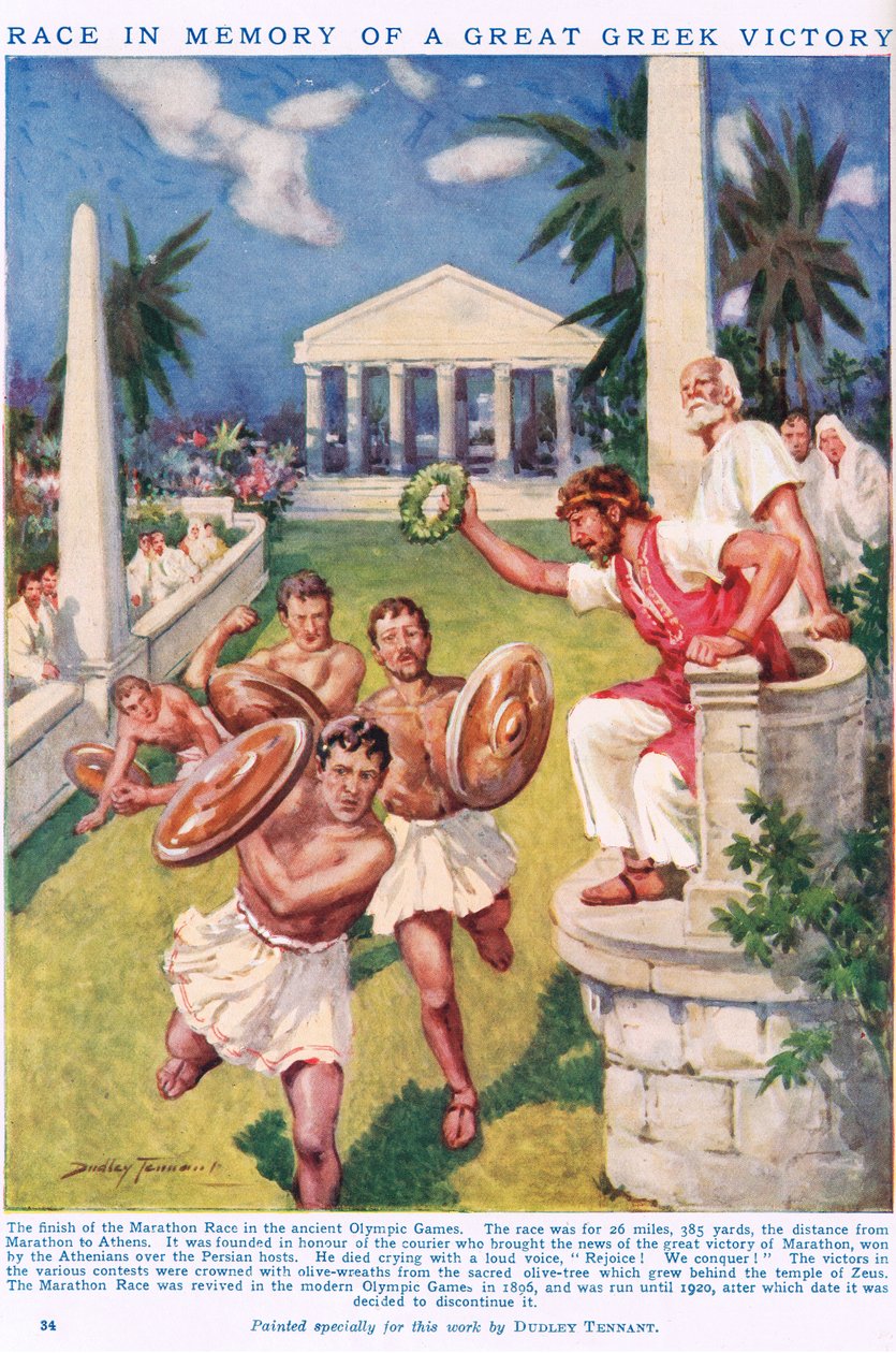 Maraton: Wyścig ku pamięci wielkiego greckiego zwycięstwa, ilustracja z obrazkowej Księgi Wiedzy Newnesa (litografia kolorowa) autorstwa C. Dudley Tennant