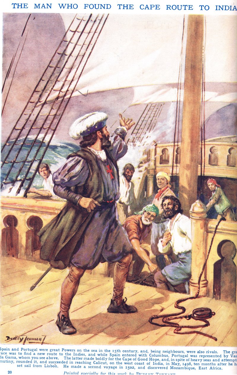 Vasco de Gama: Człowiek, który znalazł drogę na Przylądek do Indii, ilustracja z obrazkowej księgi wiedzy Newnesa (litografia kolorowa) autorstwa C. Dudley Tennant