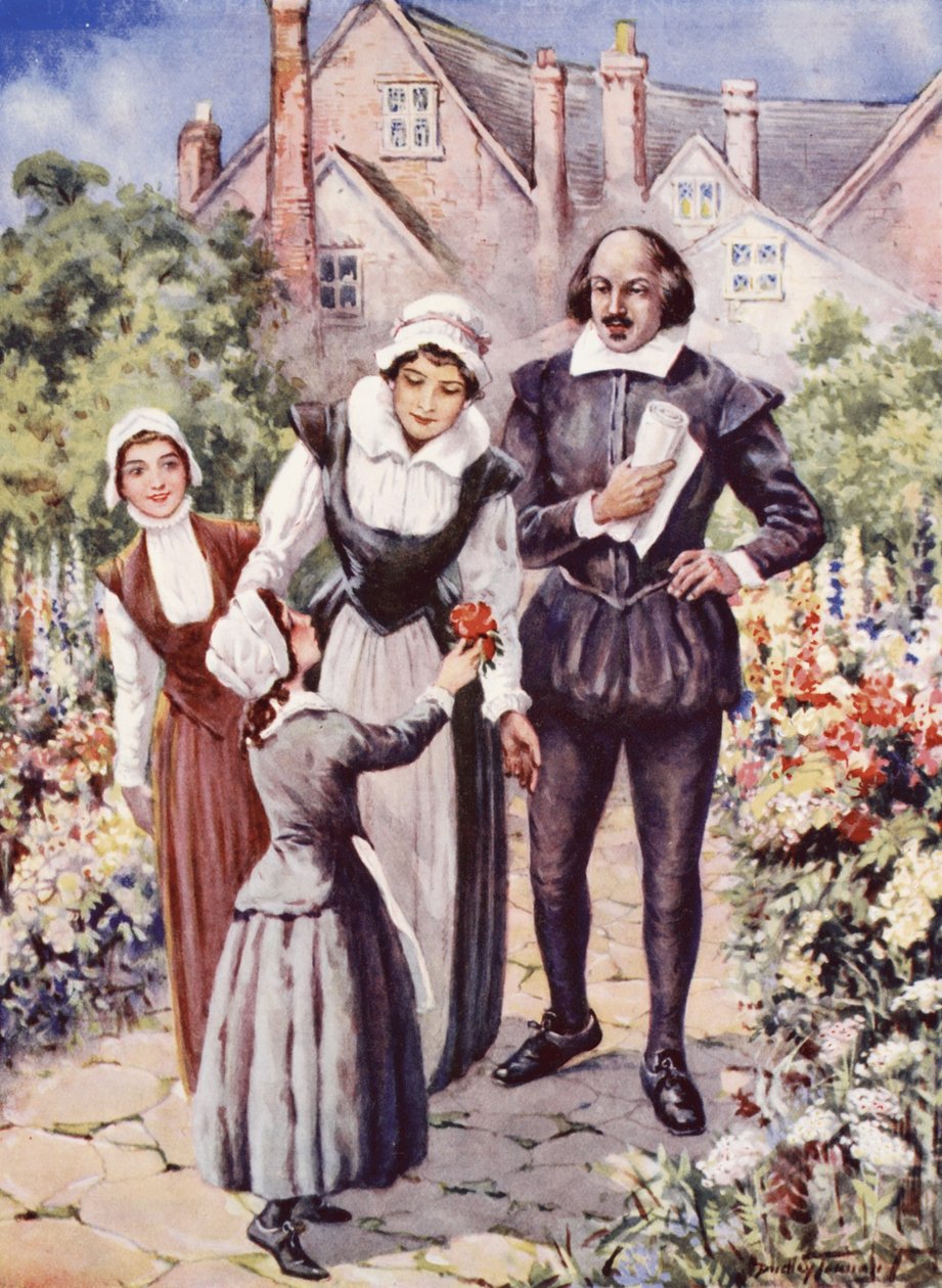 William Shakespeare z żoną i dwiema córkami w ogrodzie w New Place, Stratford-upon-Avon (litografia kolorowa) autorstwa C. Dudley Tennant