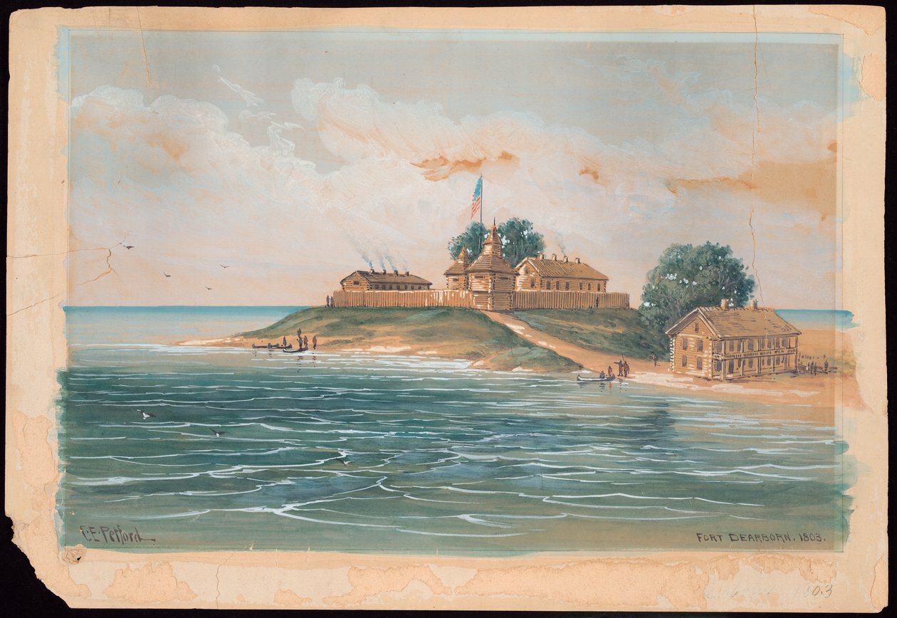 Fort Dearborn w 1803 roku (akwarela) autorstwa C. E. Petford