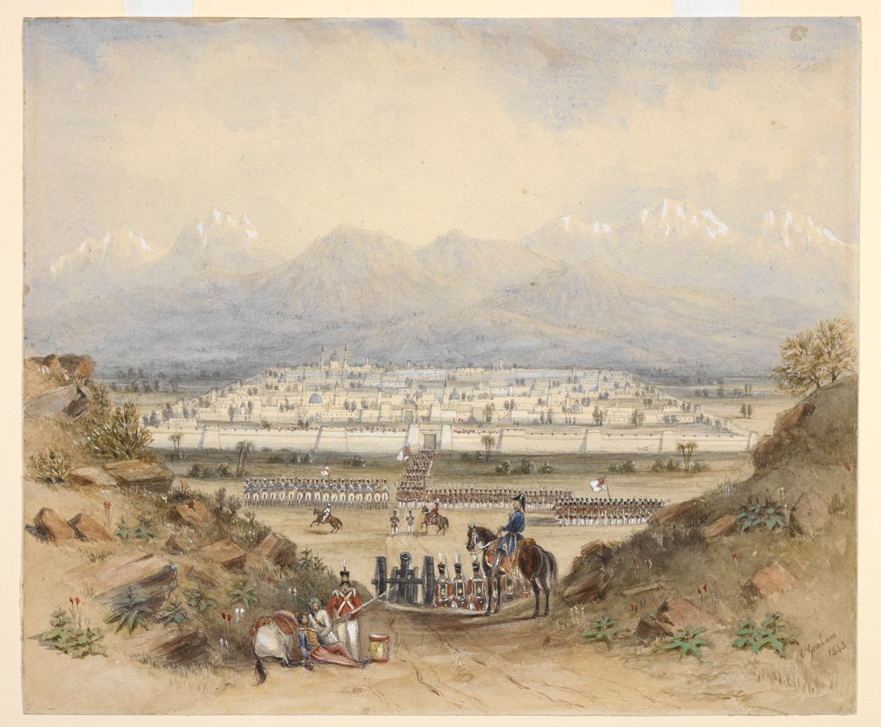 Ogólny przegląd kawalerii i piechoty, którzy mają wkroczyć do otoczonego murem miasta w górzystym kraju, być może Kandahar (NWFP). 1843, po wcześniejszym szkicu. autorstwa C. Graham