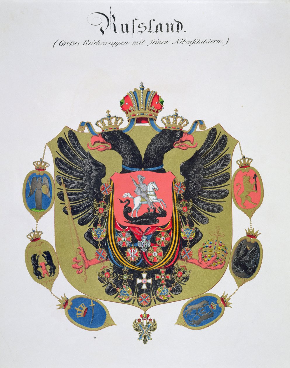 Herb i tarcza państwa carskiej Rosji, ze zbioru akwareli wydanych w Niemczech, ok. 1830-33 autorstwa C. Hildebrandt