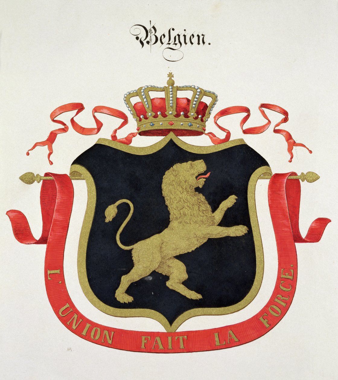 Herb belgijskiej rodziny królewskiej, z kolekcji akwarel wydanych w Niemczech, ok. 1830-33 r. autorstwa C. Hildebrandt