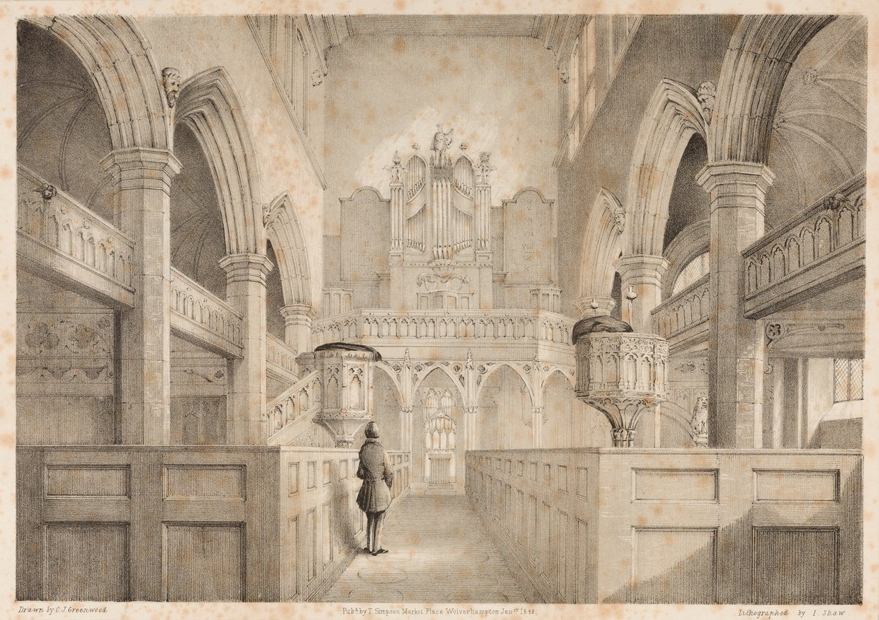 Wnętrze St. Peters, Wolverhampton, rytowane przez I. Shawa, 1848 autorstwa C. J. Greenwood