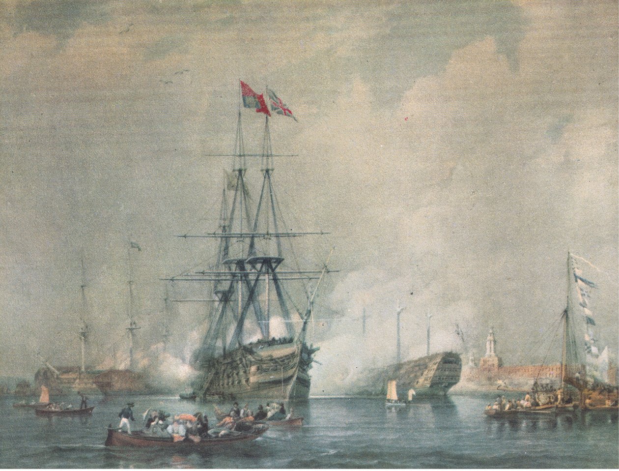 HMS Victory wystrzeliwujący Royal Salute w Portsmouth Harbour, z British Adventure opublikowanego przez Collins, 1947 autorstwa C. J. M. Whichello
