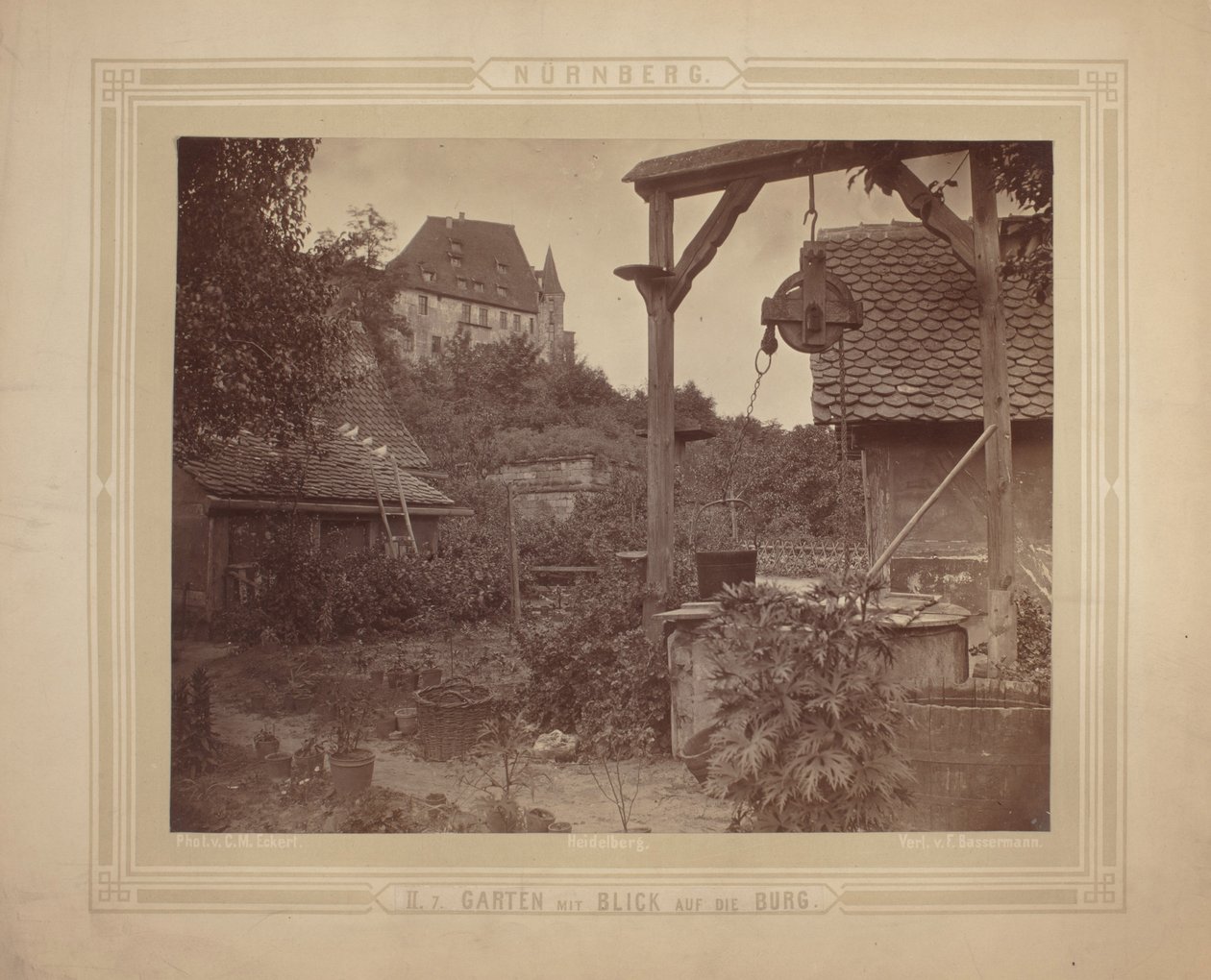 Heidelberg - Widok zamku z ogrodu, ok. 1870 r. (druk albumowy na kartonie) autorstwa C. M. Eckert