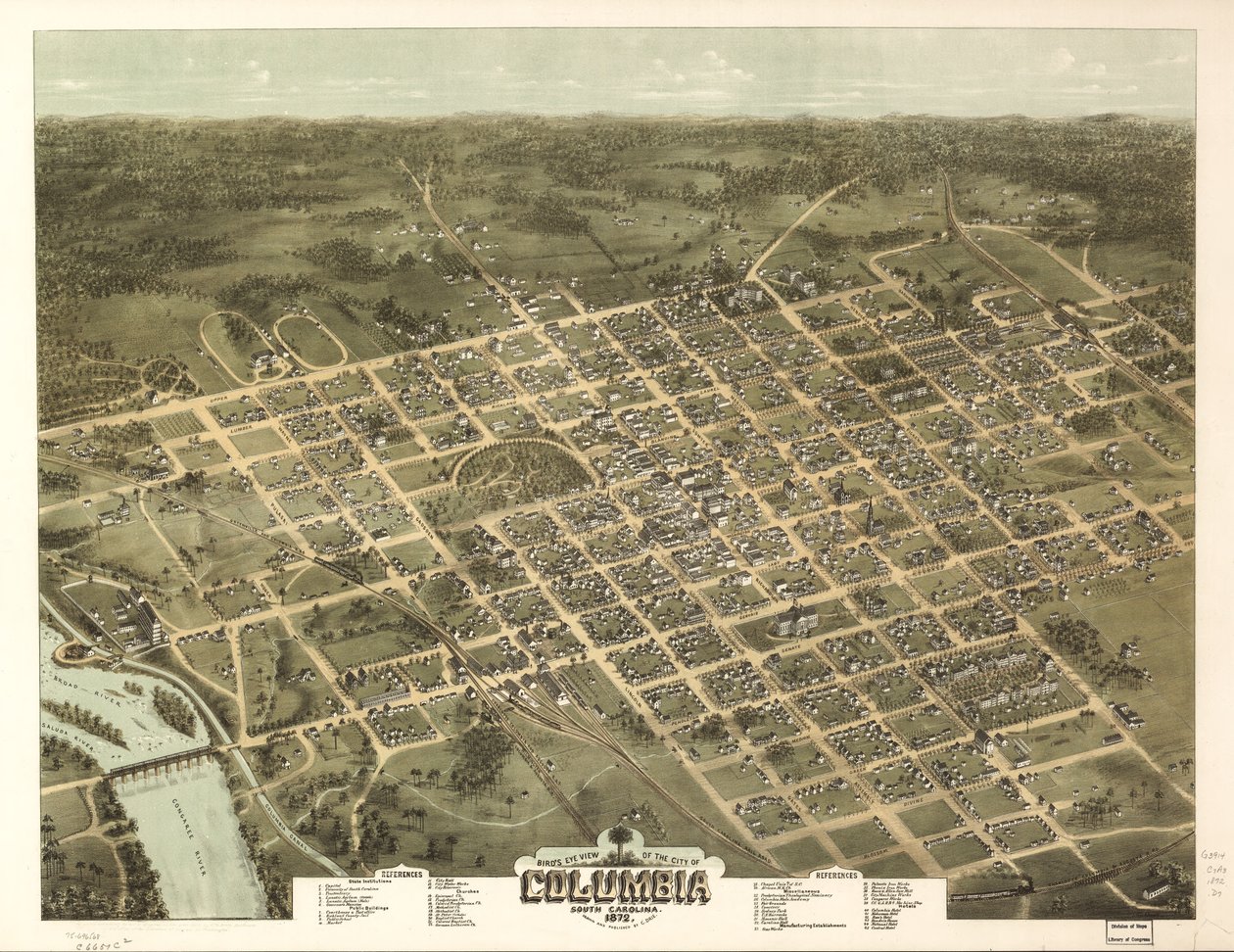 Widok z lotu ptaka na miasto Columbia, Karolina Południowa 1872. autorstwa C. N. Drie