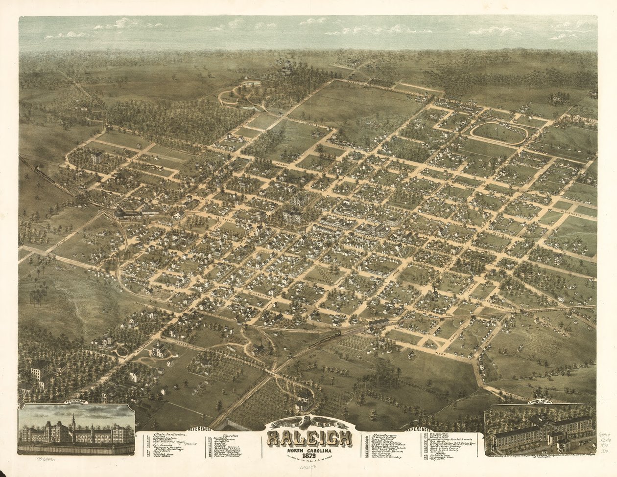 Widok z lotu ptaka na miasto Raleigh, Karolina Północna 1872. autorstwa C. N. Drie