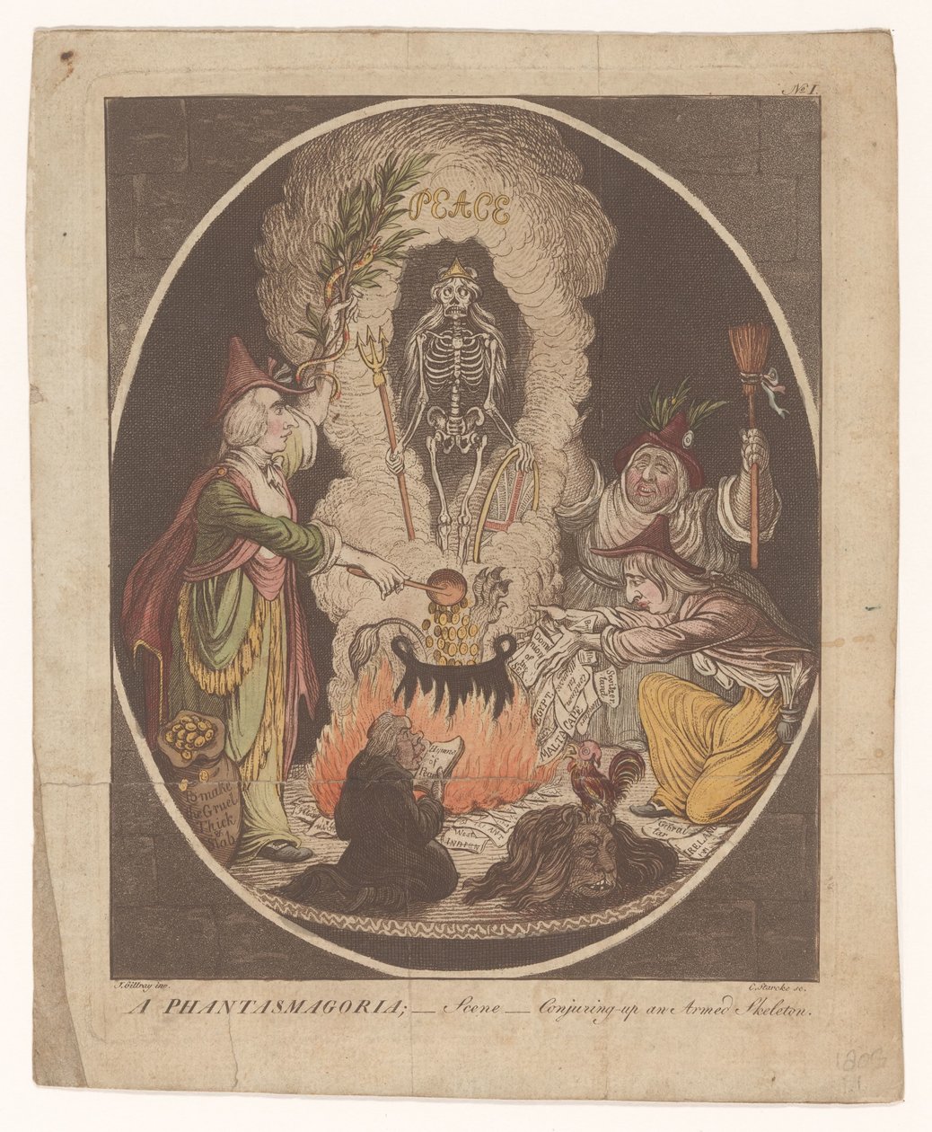 Karykatura o pokoju w Amiens, 1802 Fantasmagoria; - Scena - Przywoływanie uzbrojonego szkieletu (tytuł na obiekcie) autorstwa C. Starcke