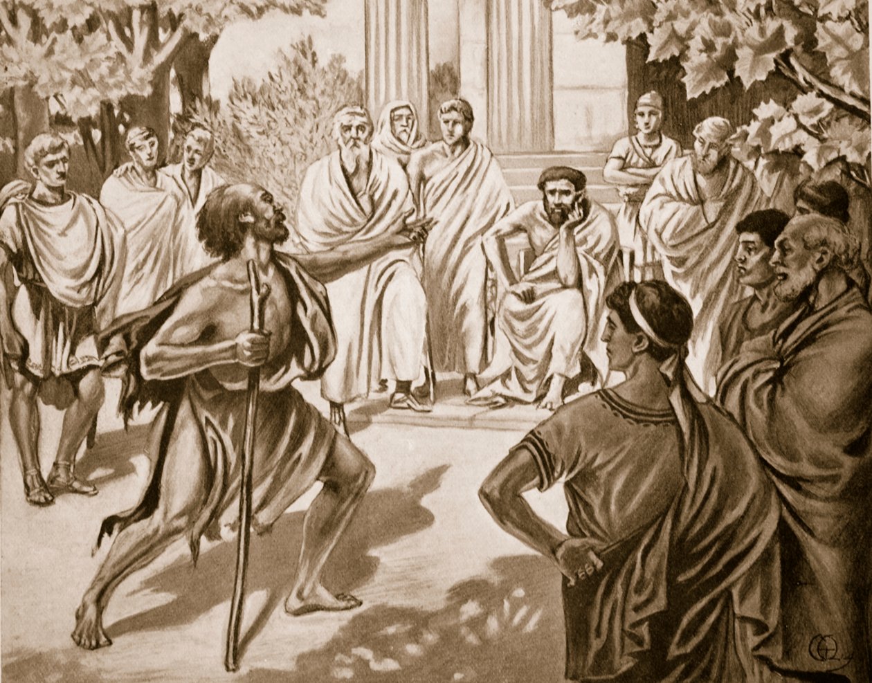 Diogenes i Platon, ilustracja z Historii Narodów Hutchinsonów, 1915 autorstwa C. Titus