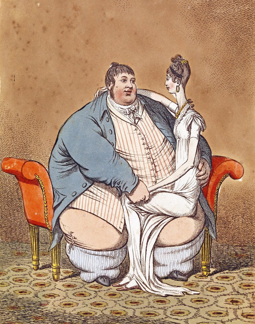 Fat and Lean - Daniel Lambert w kontraście do szczupłej kobiety siedzącej na jego kolanie, 1806 autorstwa C. Williams