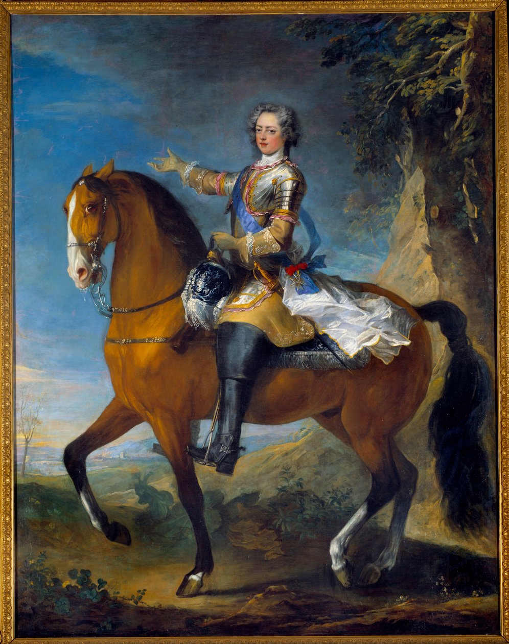 Portret konny Ludwika XV (1710-1774), króla Francji, w wieku 13 lat, w 1723 roku. Obraz Jeana Baptiste Van Loo (1684-1745) i Charlesa Parrocela (1688-1752) autorstwa C. and Van Loo J. B. Parrocel