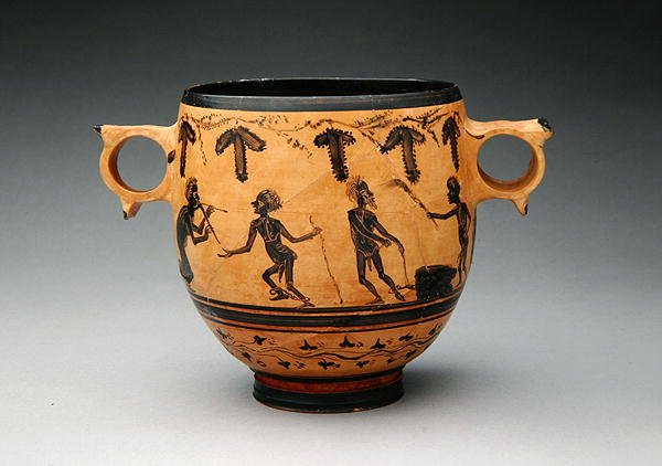 Skyphos ze scenami parodii, ok. 430-410 pne (ceramiczny) (patrz także 288251) autorstwa Cabirian