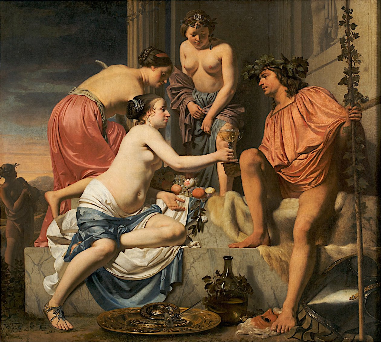 Bachus na tronie - nimfy ofiarowujące Bachusowi wino i owoce autorstwa Caesar van Everdingen