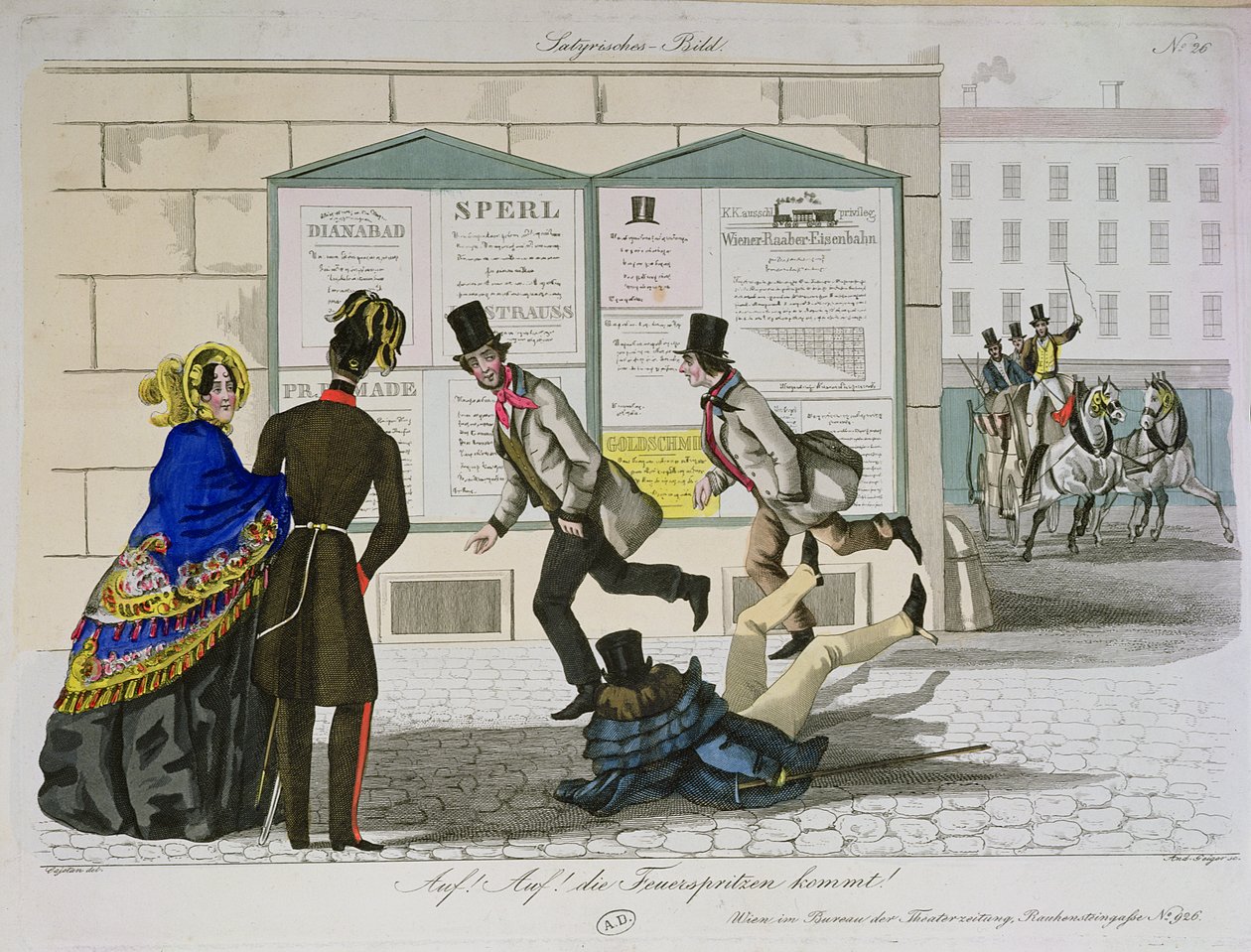 Pospiesz się! Strażacy nadchodzą!, sztychowane przez Geigera, wydane w Wiedniu, ok. 1820 r. autorstwa Cajetan