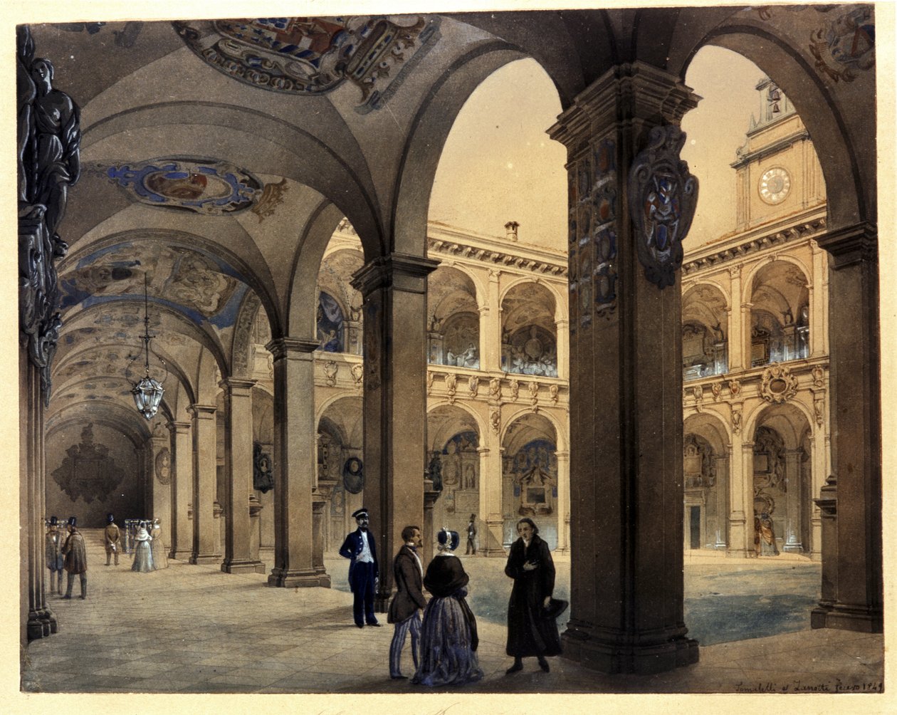 Uniwersytet w BOLOGNA: Archiginnasium "Dolne Arkady" autorstwa Calisto & Tomaselli Contardo (1827 57) Zanotti Cavazzoni