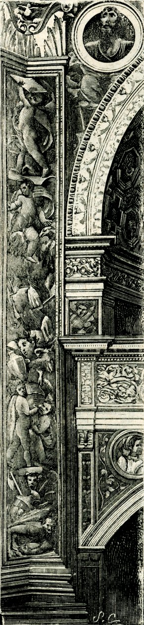 Pilastry zdobione przez Callisto Piazza (ok. 1500-1561 lub 1562), Tempio Civico della Beata Vergine Incoronata (Świątynia Najświętszej Maryi Panny w koronie), Lodi, Lombardia, Włochy, drzeworyt autorstwa Callisto Piazza