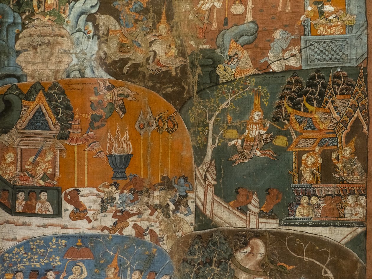 Ostatnie dziesięć poprzednich wcieleń Boudha (Dasa Jakata) (szczegóły). Kambodża, druga połowa XVIII wieku. Farba autorstwa Cambodian School