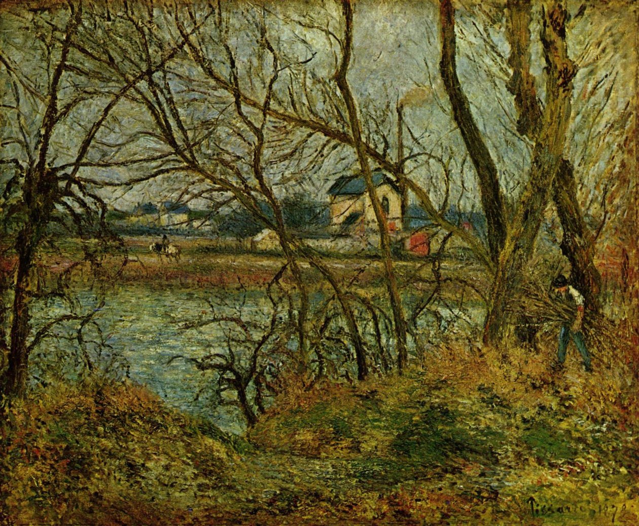 Brzegi Oise, niedaleko Pontoise, szara pogoda autorstwa Camille Jacob Pissarro