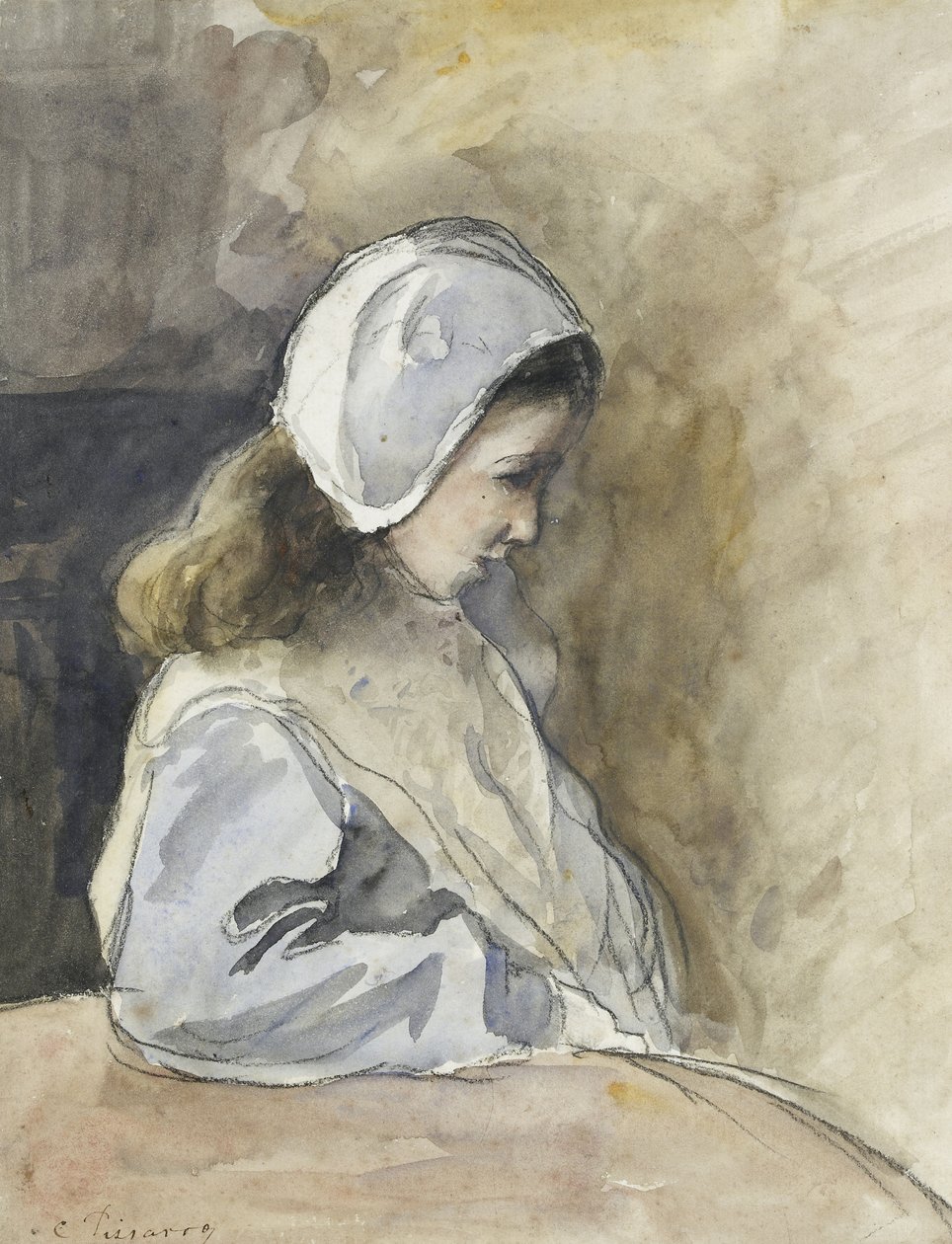 Jeanne-Rachel Pissarro siedząca przy stole, około. 1872 (akwarela na czarnej kredzie) autorstwa Camille Jacob Pissarro