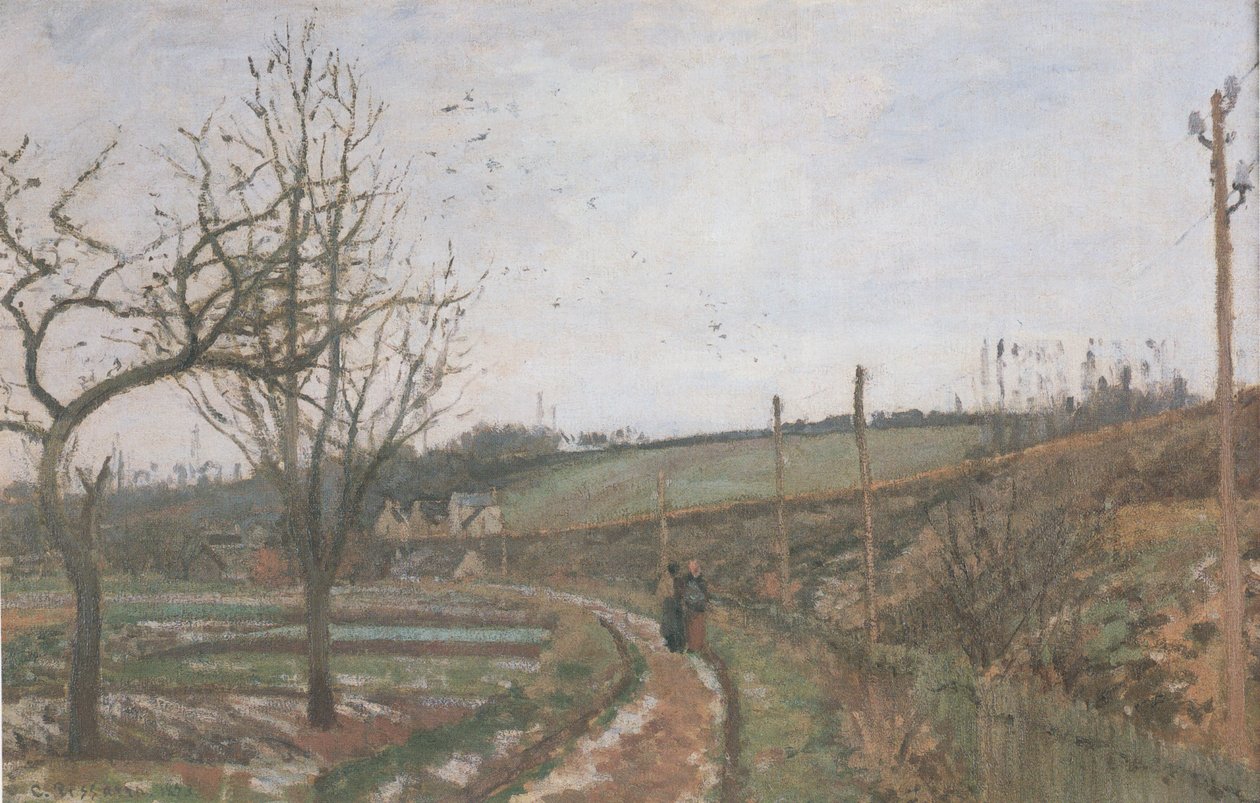 Droga przy torach kolejowych Efekt śniegu autorstwa Camille Jacob Pissarro