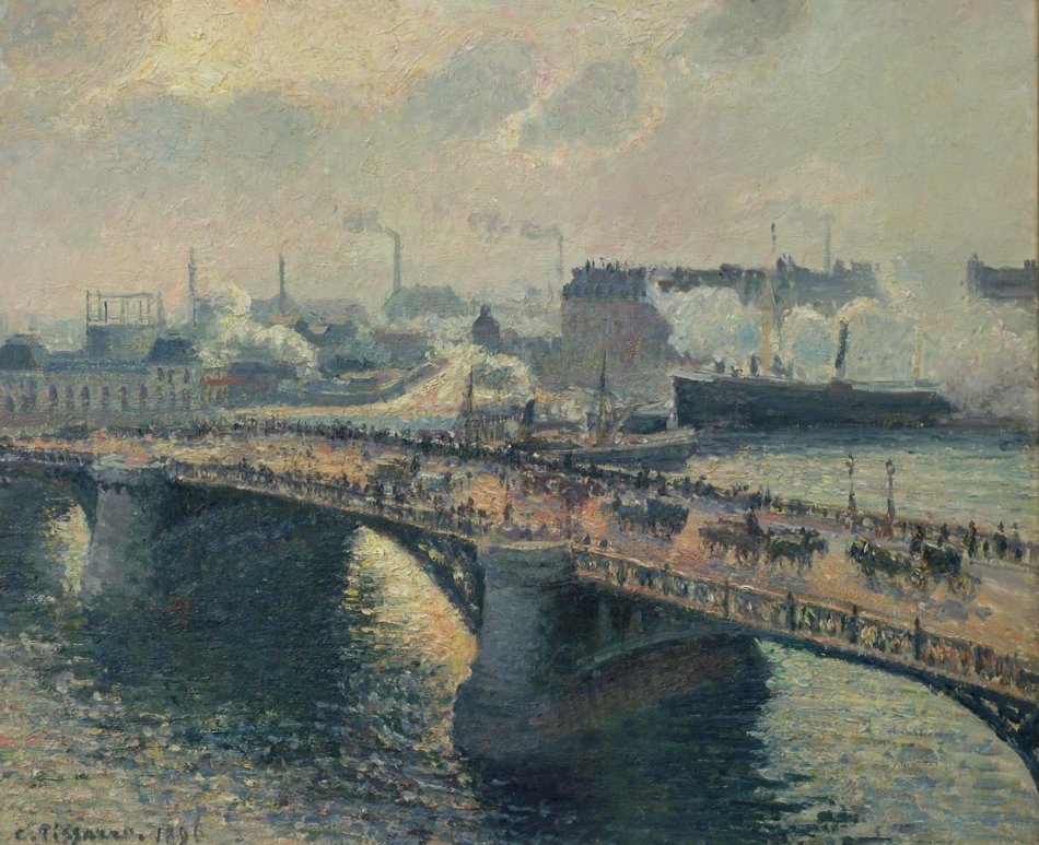 Most Boieldieu w Rouen, zachodzące słońce, mglista pogoda autorstwa Camille Jacob Pissarro