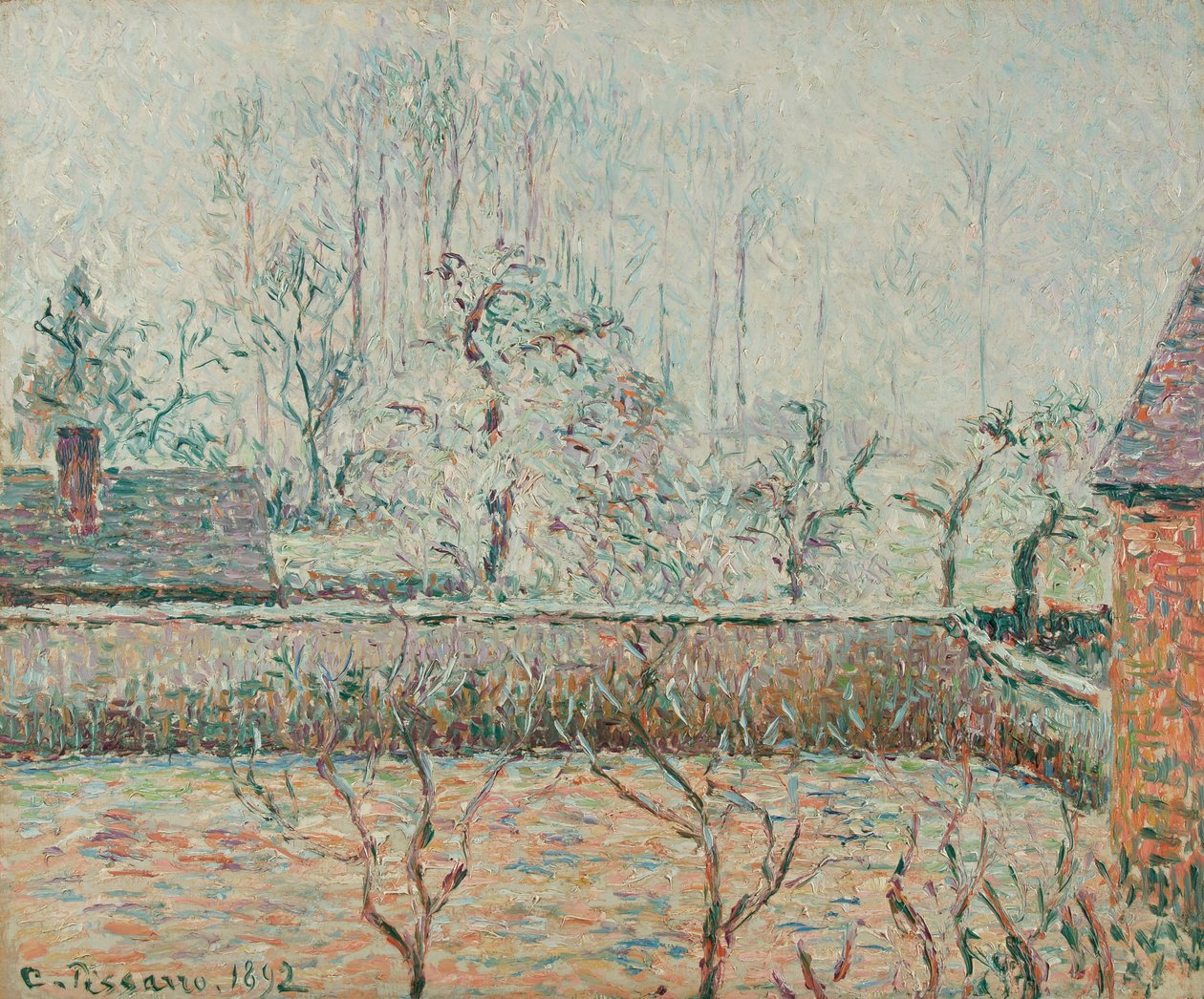 Krajobraz z domami i murem ogrodzeniowym, mrozem i mgłą (1892) autorstwa Camille Jacob Pissarro
