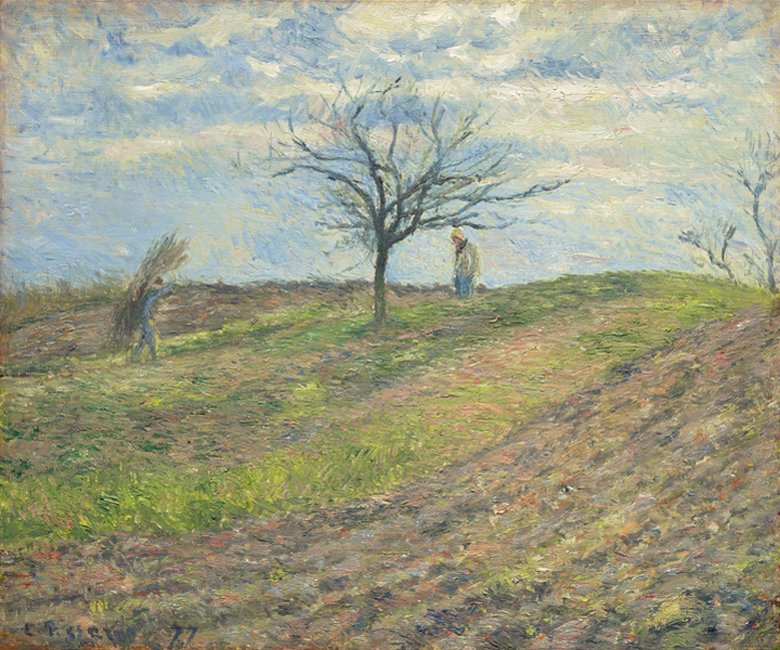 Ziemia zaorana zimą, z mężczyzną niosącym tobołek 484 autorstwa Camille Jacob Pissarro