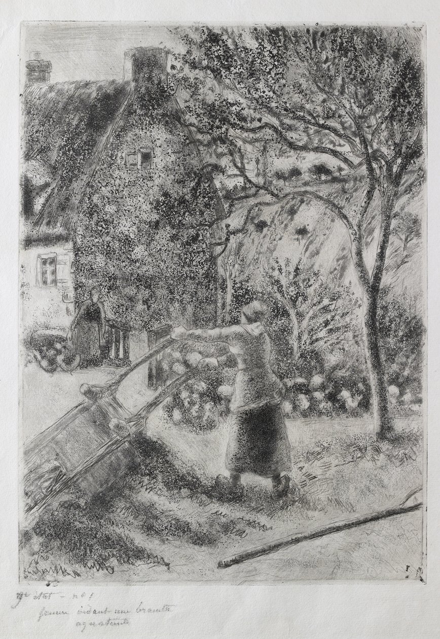 Kobieta opróżniająca taczkę, 1880 (sucha igła, akwatinta, papier ścierny i akwaforta z otwartym zgryzem) autorstwa Camille Jacob Pissarro