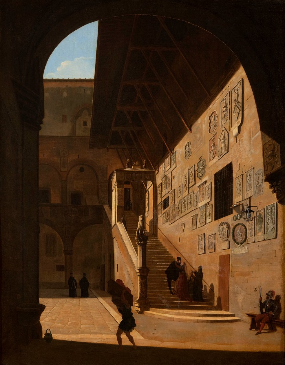 Widok wnętrza Starego Pałacu Republiki we Florencji (obecnie Palazzo del Popolo lub Bargello) 1822 autorstwa Camille Marie Bonnard