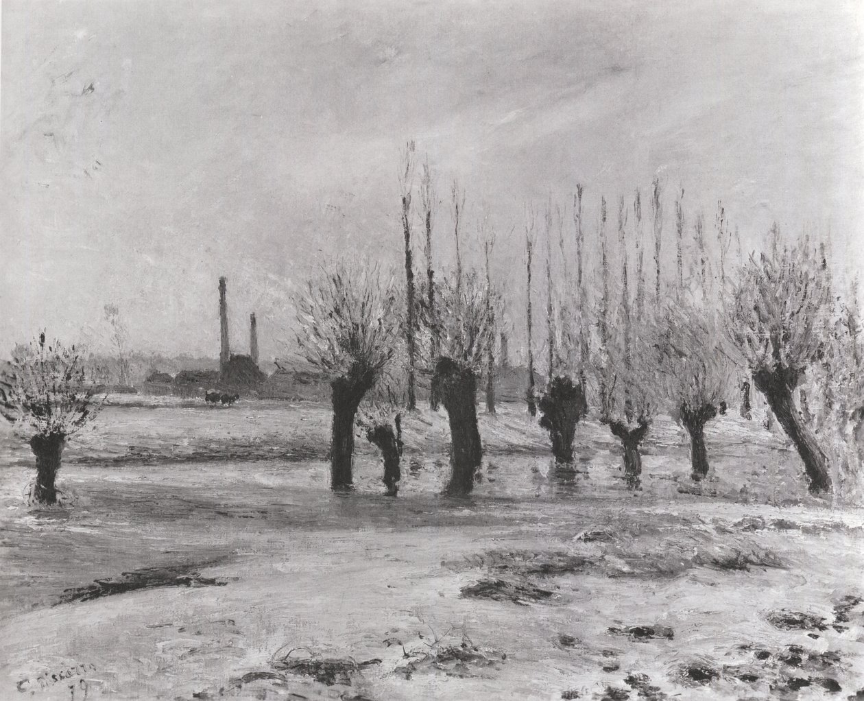 Brzegi Oise w Pontoise, Wpływ śniegu autorstwa Camille Jacob Pissarro