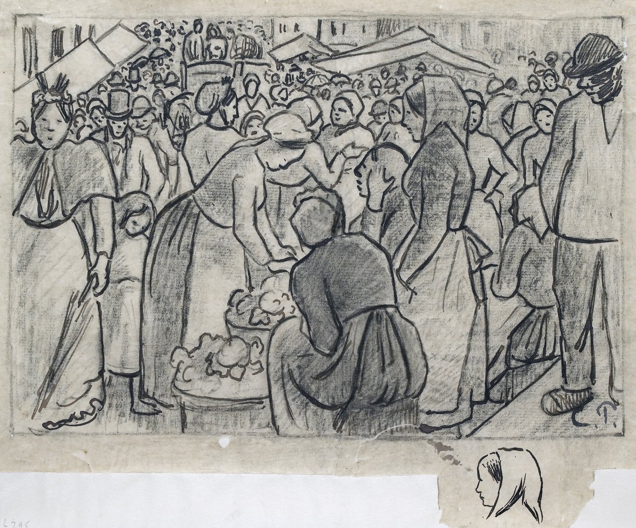 Studium kompozycyjne dla „Market of Gisors (rue Cappeville)” ze studium kobiecej głowy widzianej z profilu zwróconego w lewo poniżej, 1893 (pióro i tusz indyjski na węglu i ołówek na kalce kreślarskiej) autorstwa Camille Jacob Pissarro