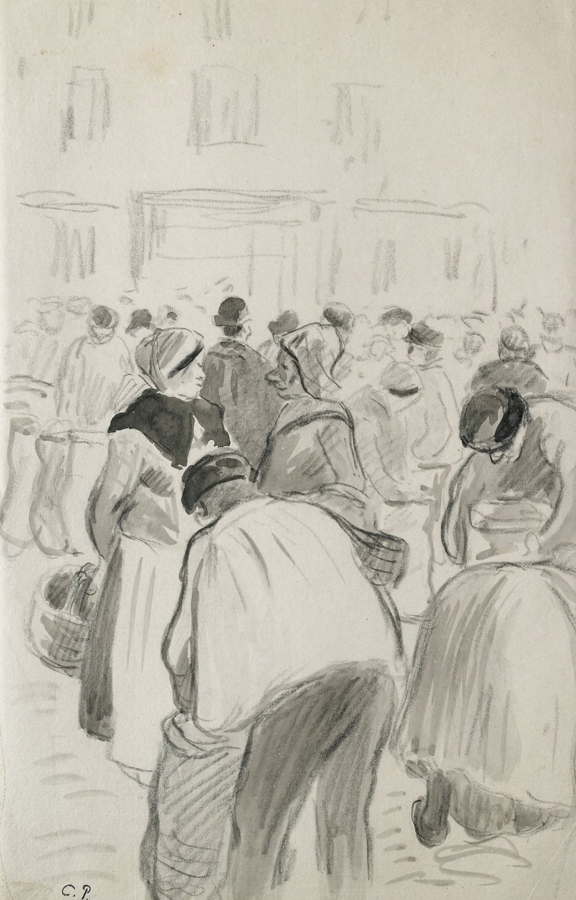 Studium kompozycyjne rynku w Pontoise, 1881 r. (kreda czarna i szare przemalowania) autorstwa Camille Jacob Pissarro