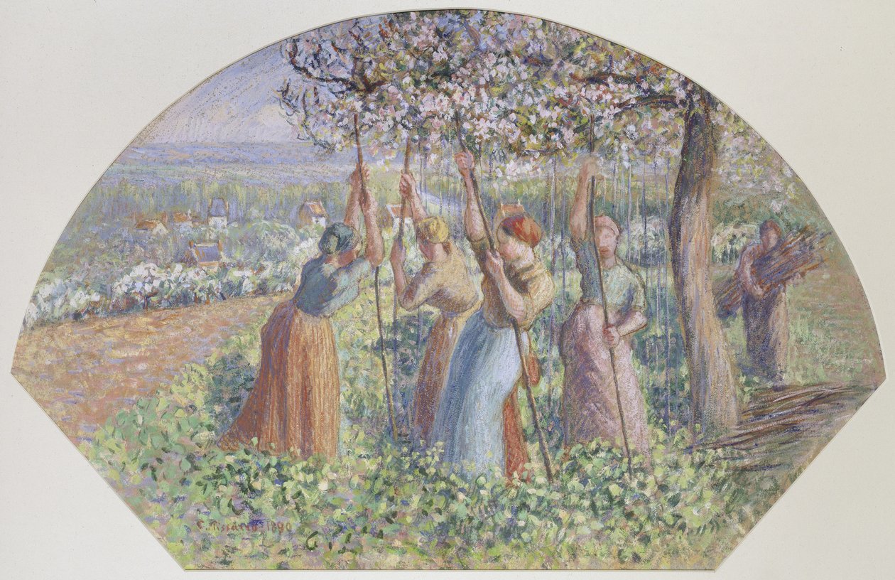 Projekt wachlarza: Zbieracze grochu, 1890 (gwasz na czarnej kredzie na grubym brązowym papierze) autorstwa Camille Jacob Pissarro