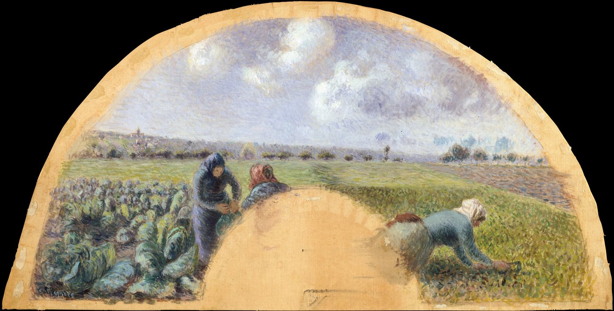 Wachlarz: The Cabbage Gatherers, ok. 1878-79 (gwasz na jedwabiu) autorstwa Camille Jacob Pissarro