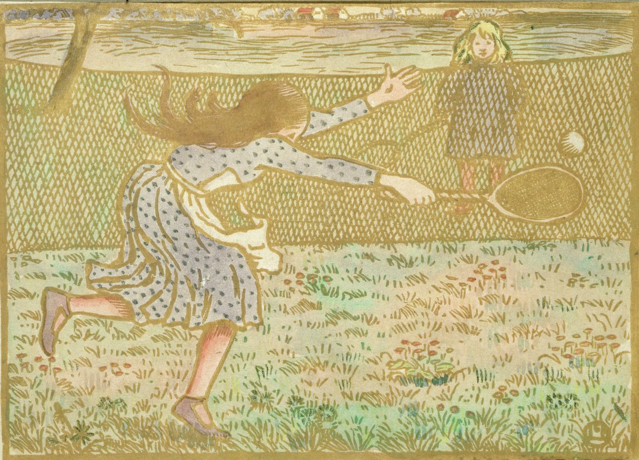 Dziewczyny grające w tenisa, z „Drzeciny w linii i kolorach”, rytowane przez Luciena Pissarro (1863-1944) wydane w Londynie 1891 autorstwa Camille Jacob Pissarro