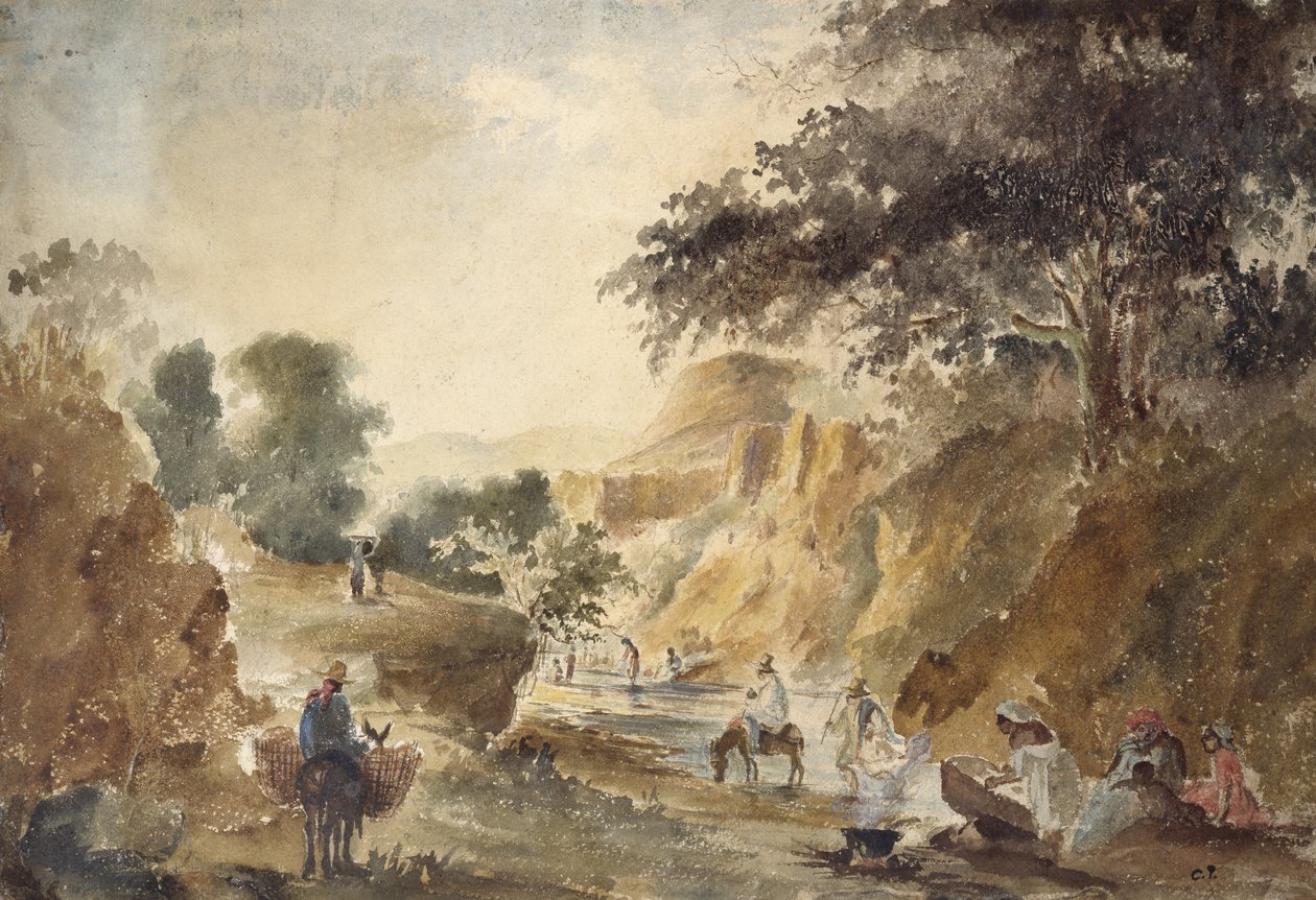 Pejzaż z postaciami nad rzeką, 1853 - 1854 (akwarela na ołówku) autorstwa Camille Jacob Pissarro
