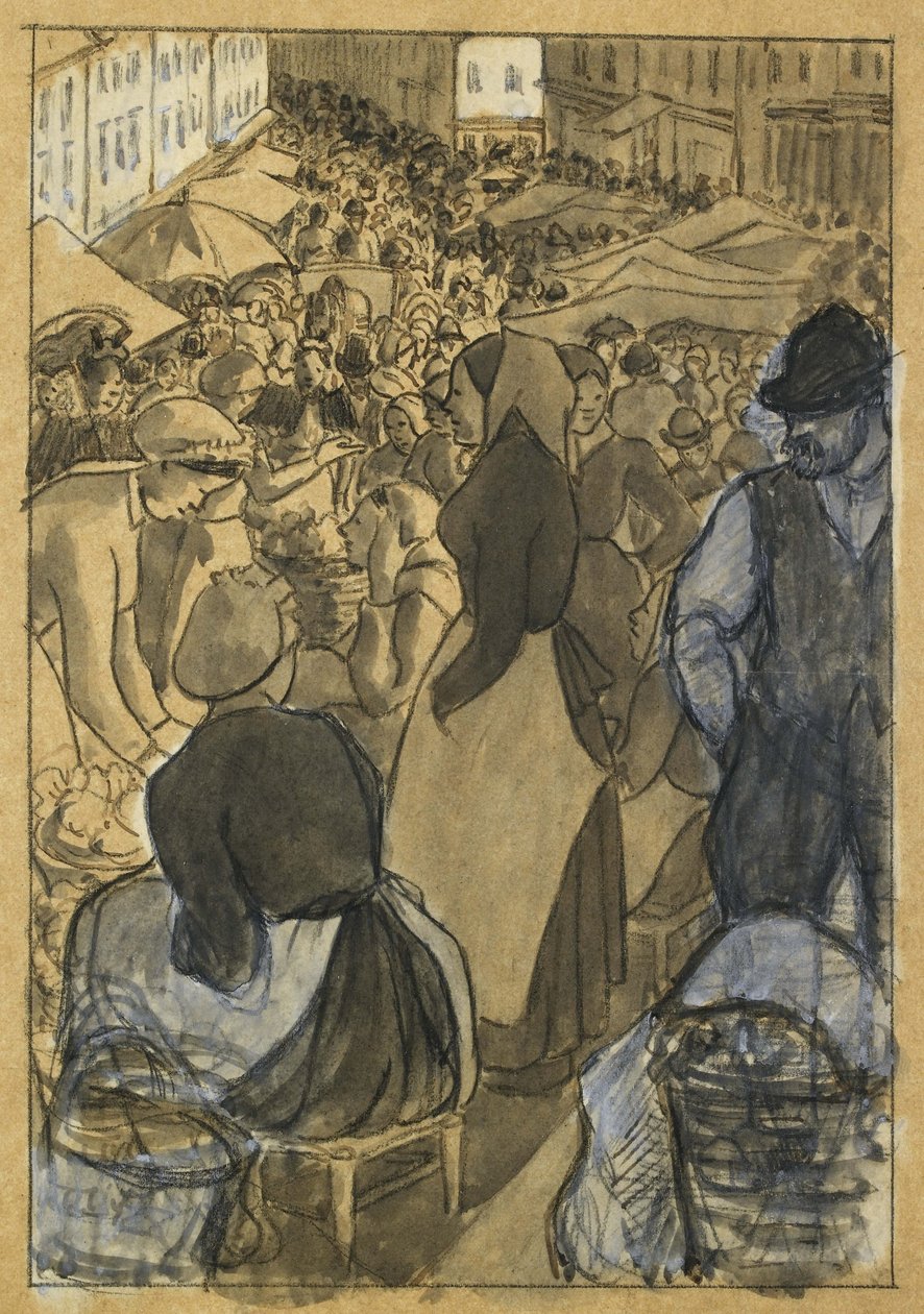 Scena na rynku (czarna kredka z piórkiem i czarnym tuszem, szary wash i biała akwarela na kalce technicznej, położonej na sztywnym białym papierze) autorstwa Camille Jacob Pissarro