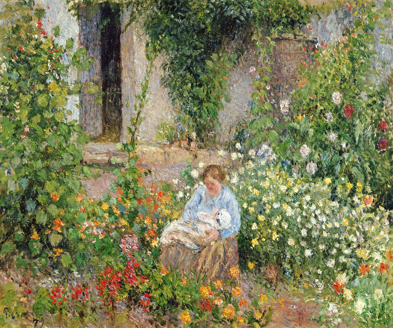 Matka i dziecko w kwiatach, 1879 autorstwa Camille Jacob Pissarro