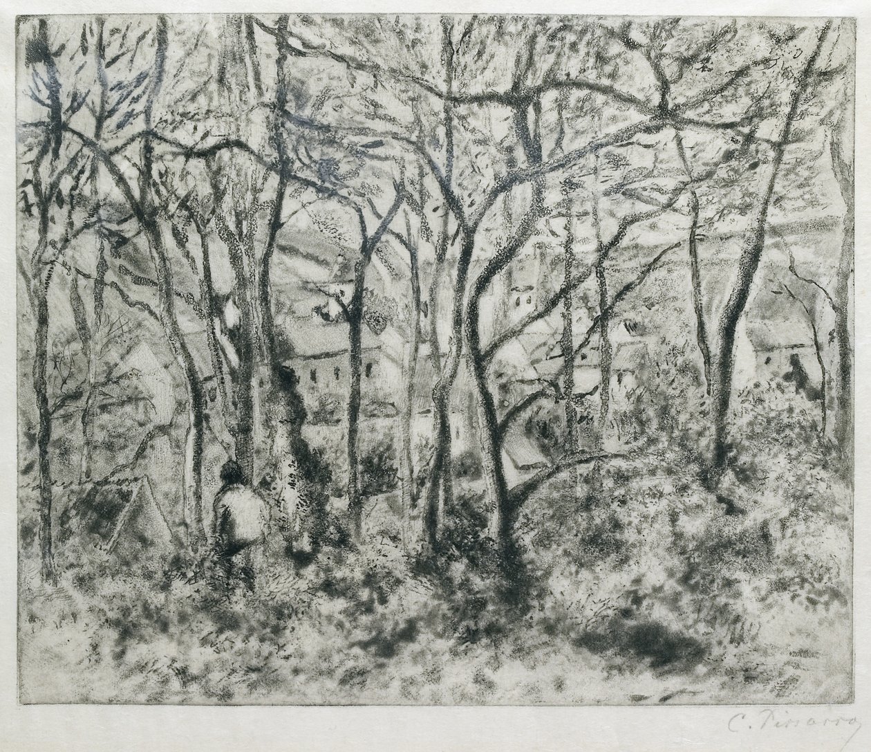 Pejzaż pod lasem, w Ermitażu (Pontoise), 1879 (akwatinta i suchoryt) autorstwa Camille Jacob Pissarro