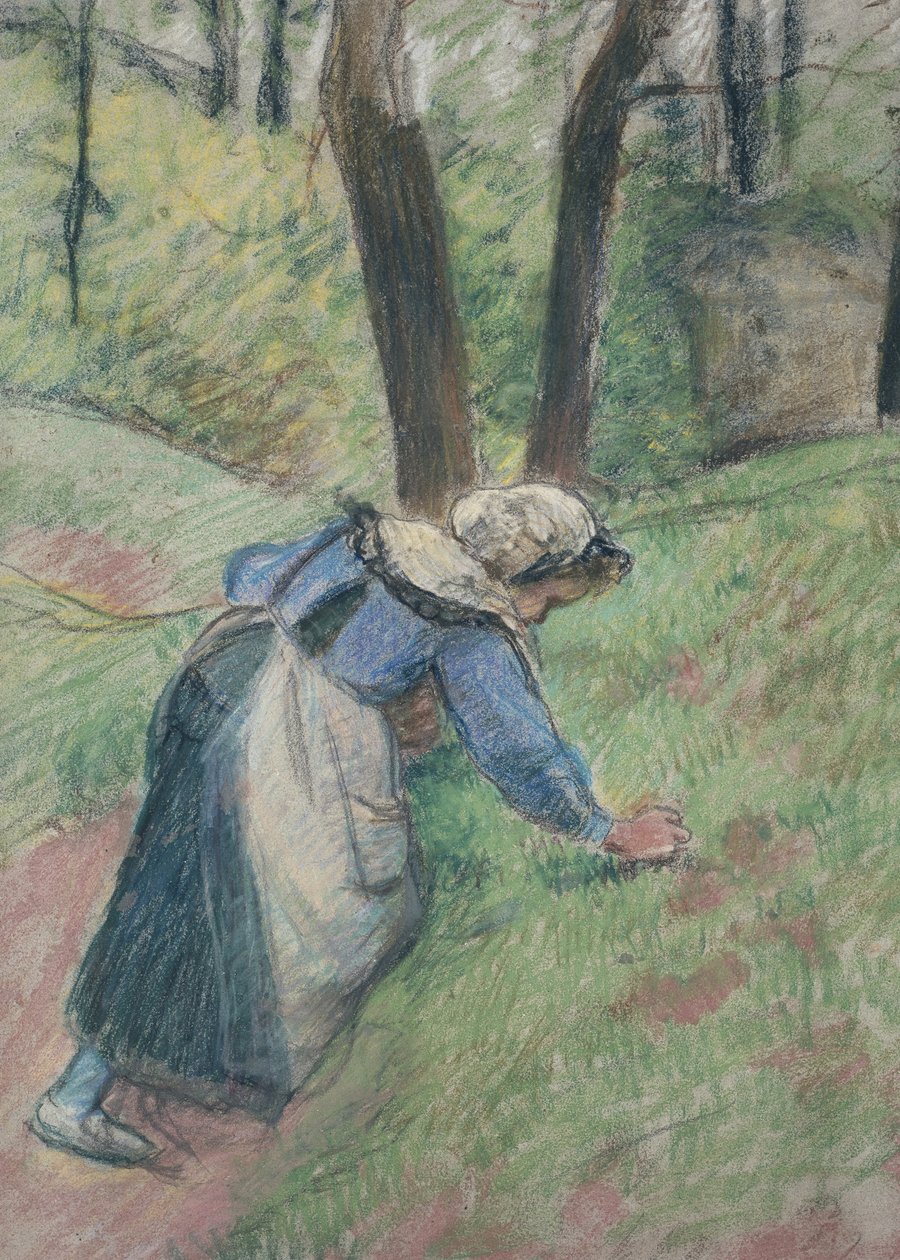 Chłopka pieszcząca trawę (pastelowe podkreślone miejscami różowym washem) autorstwa Camille Jacob Pissarro