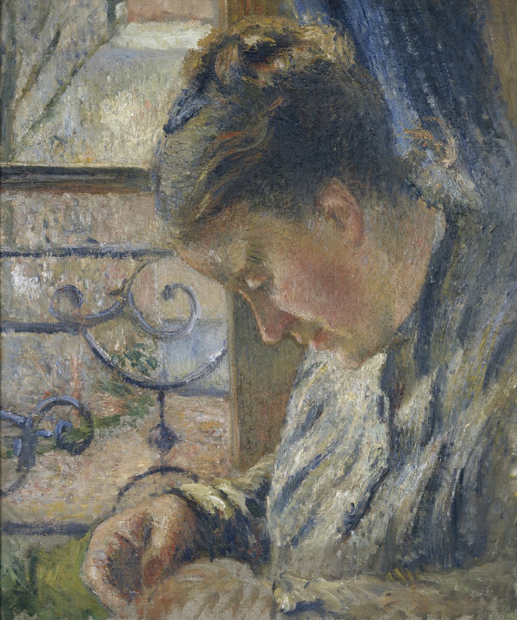 Portret Madame Pissarro szyjącej obok okna, XIX w. autorstwa Camille Jacob Pissarro
