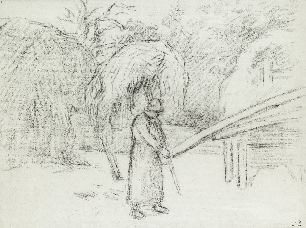 Studium wieśniaczki niosącej ładunek siana w obejściu w Foucault, ok. 1930 r. 1875 (węgiel) autorstwa Camille Jacob Pissarro
