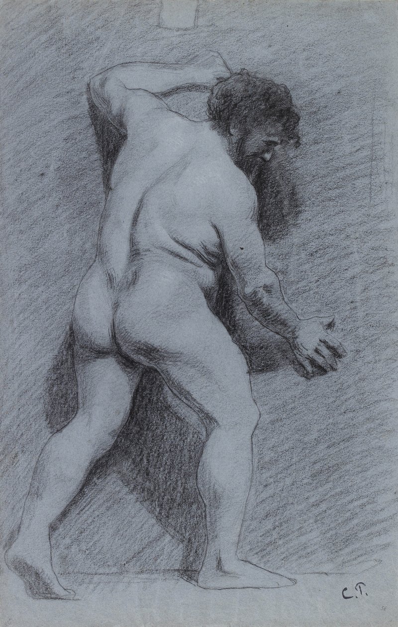 Studium męskiego aktu postawionego pod ścianą, widzianego z profilu, zwróconego w prawo autorstwa Camille Jacob Pissarro