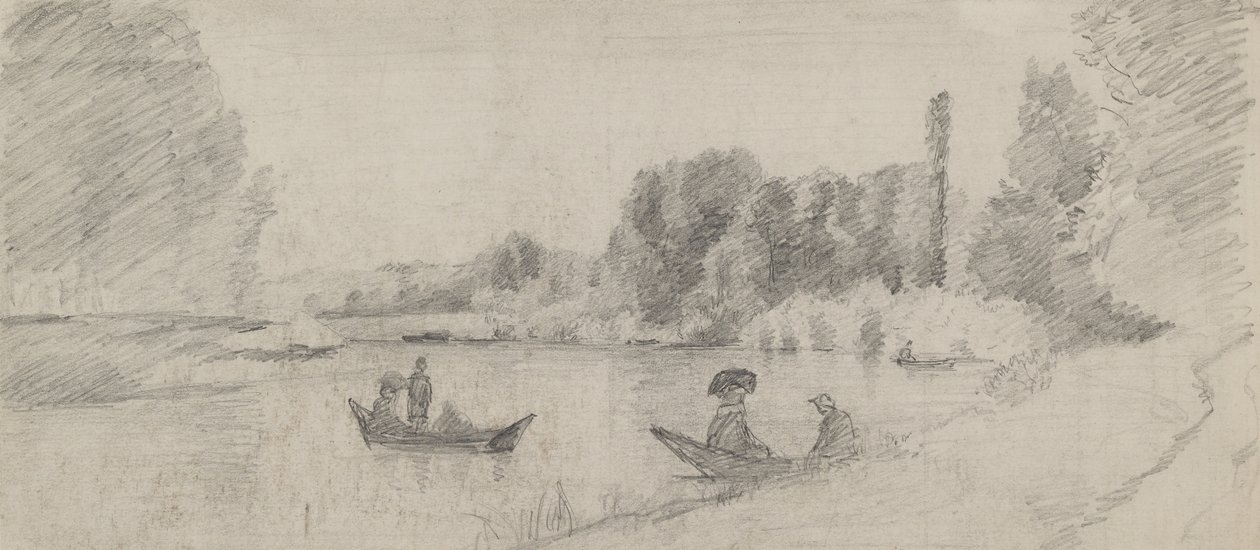 Studium krajobrazu rzecznego z łodziami, 1863 - 1864 (grafit na papierze) autorstwa Camille Jacob Pissarro
