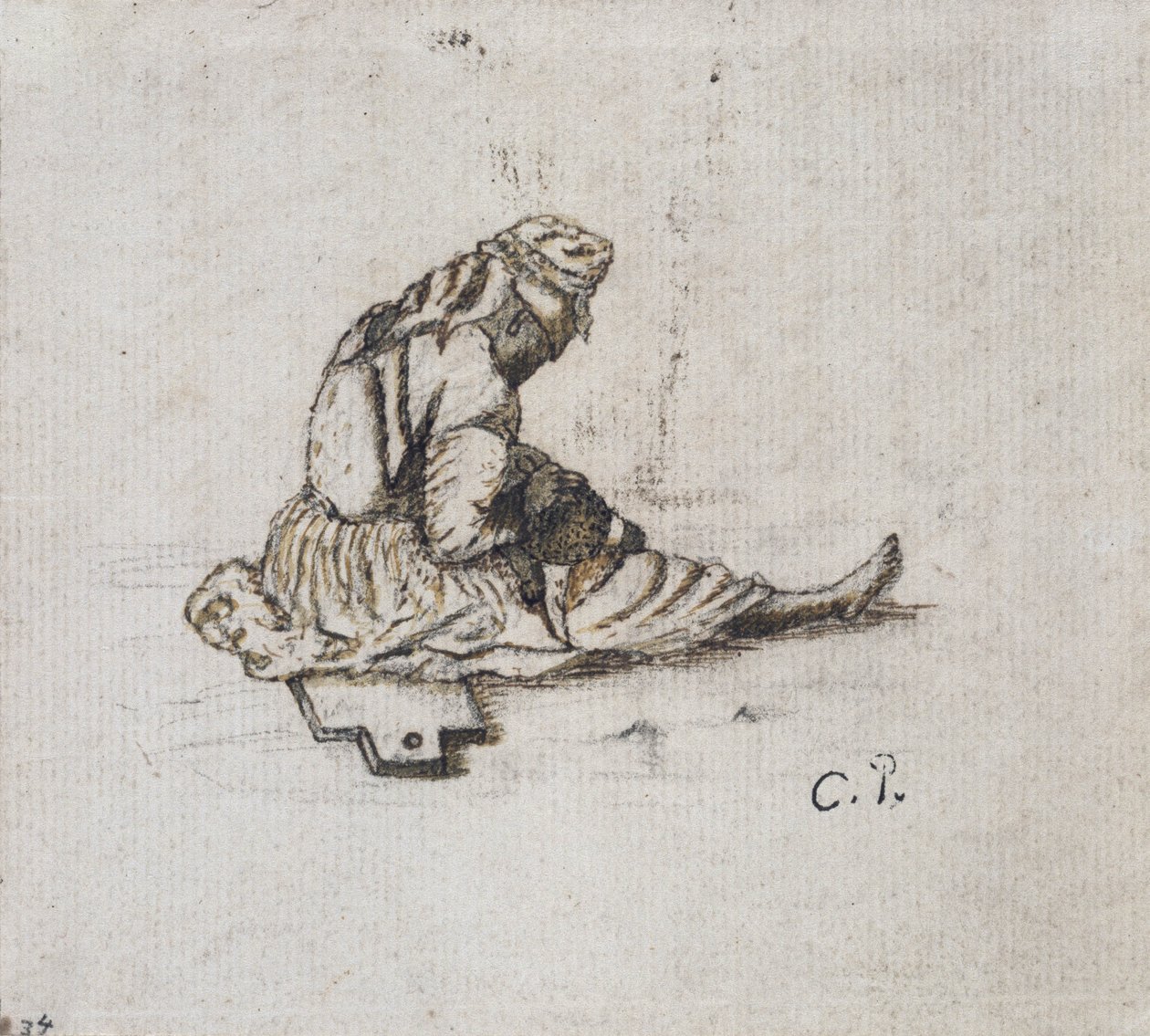 Studium siedzącej postaci kobiecej, szycie (pióro i tusz na ołówku na papierze) autorstwa Camille Jacob Pissarro
